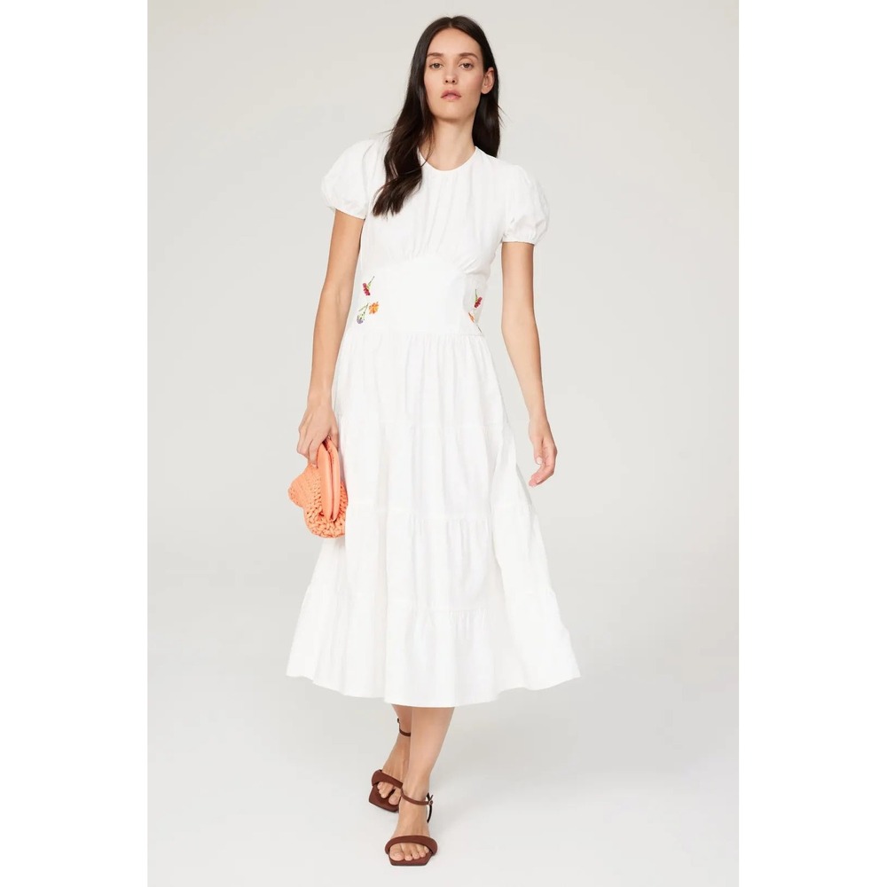 Lisa Says Gah Madison Dress White Floral Embroidered Puff Sleeve Midi Dress